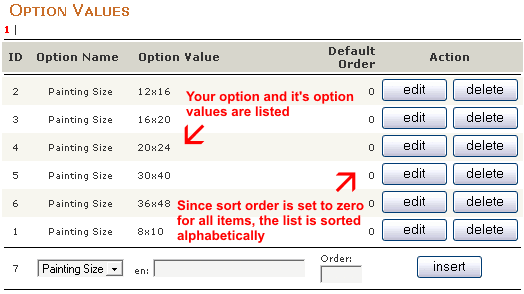 This is what the page looks like when you hav added all your option's values